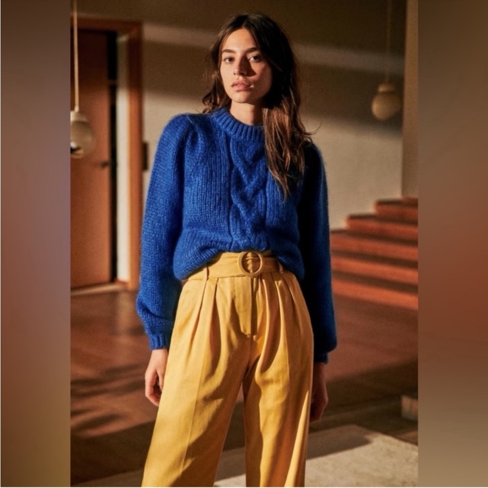Sezane Royal Blue Cable Knit Crewneck Sweater